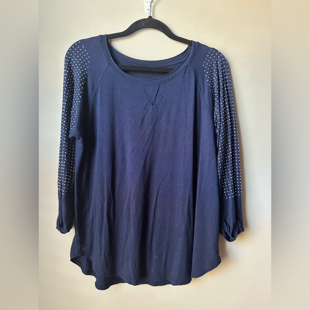 Women's Top Blue Embellished Rhinestone Studded Sleeves Size Large